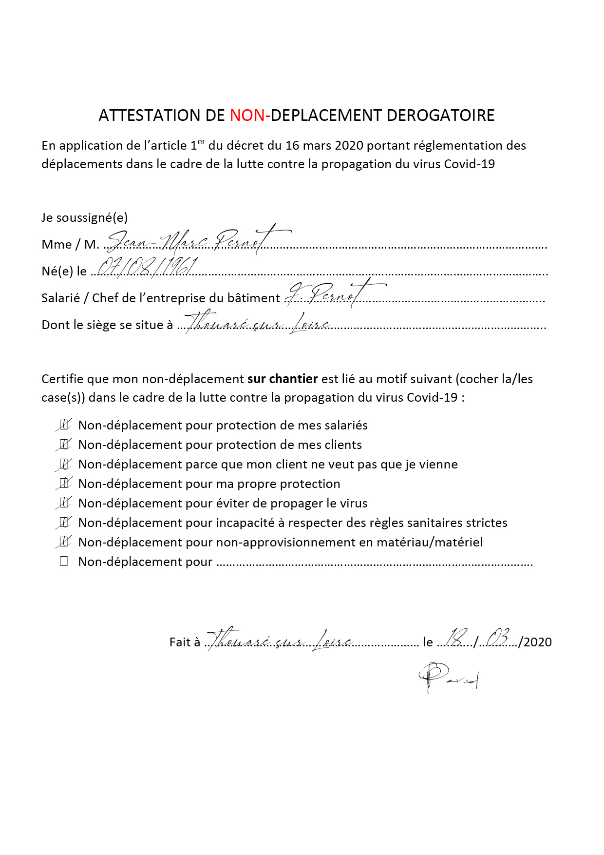 CAPEB ・ Attestation de NON déplacement